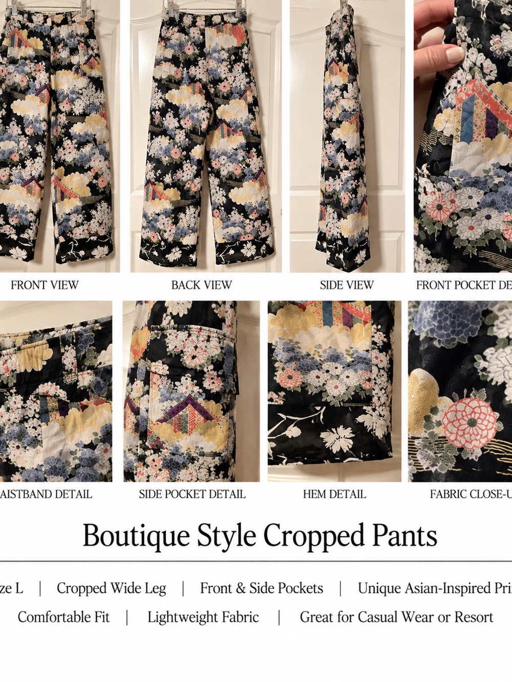 Asian-Inspired Black Floral Cropped Wide-Leg Pants